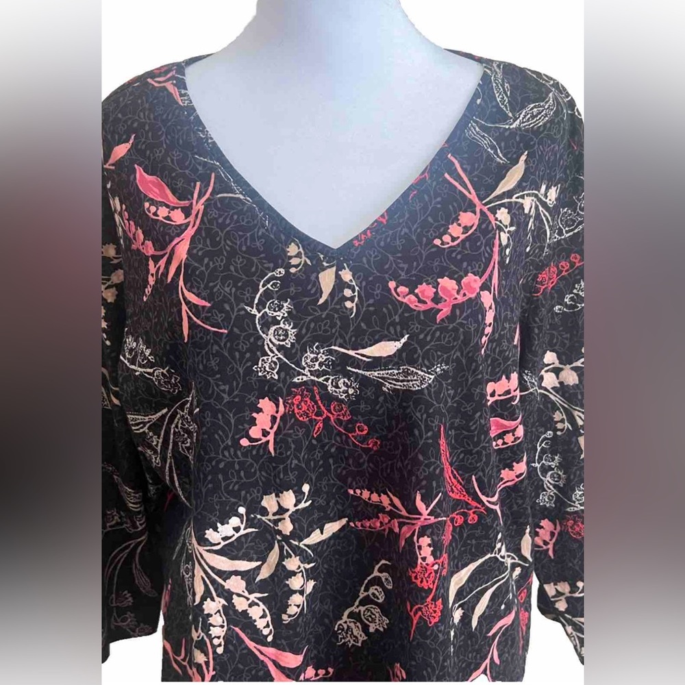 Christopher & Banks Tropical Floral Black Tunic Blouse Top Coral + Pink XL - Picture 2 of 7